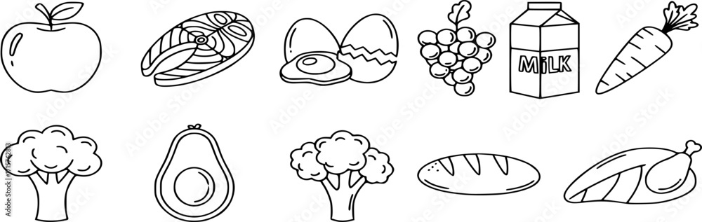 Fototapeta premium Healthy Food Line Icon Set. Vector Illustrations of Apple, Salmon, Eggs, Carrots, milk, and More Nutrition, Diet, and Balanced Eating