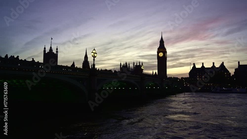 Westminster and Big Ben silhouette at sunset over Thames river