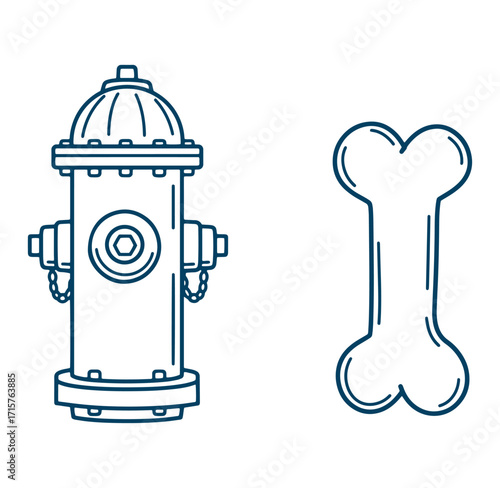 Vector illustration of a stylized fire hydrant and dog bone with a simple outline design