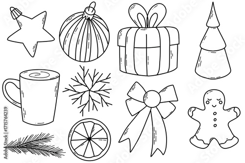 Holiday Christmas Doodles Set Featuring Ornament, Gift Box, Tree, Mug, Snowflake, Bow, Gingerbread Man. Whimsical black-and-white holiday doodles ideal for festive projects. Includes ornaments, gift 