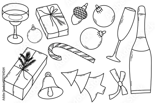 Festive Christmas Celebration Scene With Gifts Ornaments Champagne Glasses Candy Cane And Bells. A lively collection of Christmas items including gifts, ornaments, candy cane, bell, pine sprigs, wraps