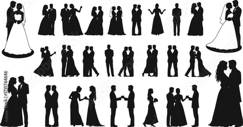 Couple, silhouette, romance, wedding, love, embrace, dance, kiss, formal, attire, tuxedo, gown, vector, illustration, black, elegant, romantic, relationship, celebration, pose