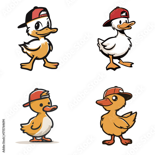Four cartoon ducks in hats display cheerful expressions and playful poses. Each duck has a unique style, showcasing fun designs and vibrant colors to engage viewers.