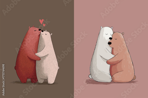 Two charming cartoon bears, one brown and one white, share a warm hug against soft backgrounds. Their sweet embrace captures the essence of love and friendship.