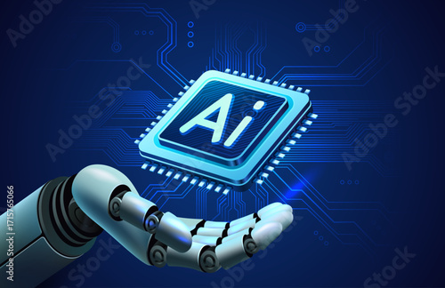 Robot arm with microchip ai processor microprocessor electronics vector illustration