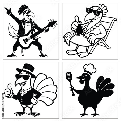 Four Cartoon Turkeys for Thanksgiving In Different Poses And Outfits Vector illustration bird