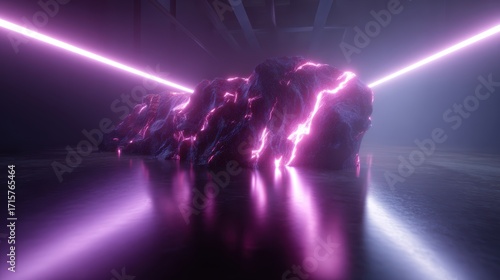 AI generative art workstation, creating 3D holographic illustrations, neon ambient lights, futuristic creative lab
