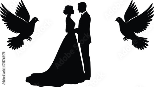 Wedding couple silhouette illustration, black and white romantic scene, bride and groom with doves, love unity graphic, ceremonial design