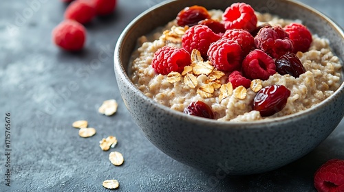 Delicious and healthy bowl of oatmeal with raspberries dates