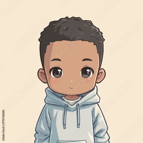 A young boy with short hair is smiling while wearing a casual hoodie. The background is a soft, light color that adds a playful vibe to the scene.