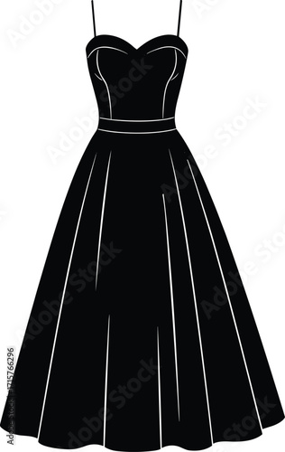 Elegant evening gown silhouette, black and white fashion illustration, sweetheart neckline design, formal wear graphic, classic dress style