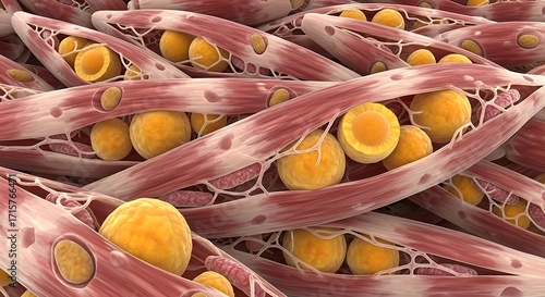 Intramyocellular Lipid IMCL Deposits in Muscle Fibers Medical Illustration of Fat Accumulation in Skeletal Muscle
