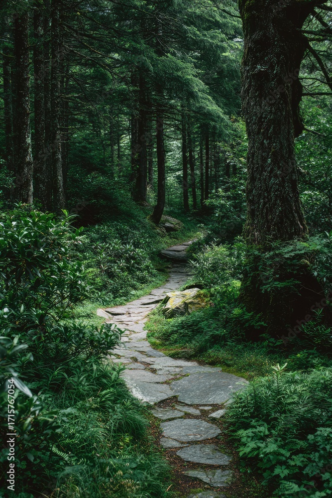 Obraz premium A winding stone path meanders through a lush, verdant forest, shaded by tall evergreens and dense undergrowth, leading deeper into the woods
