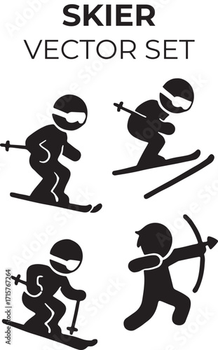 Skier Silhouette Vector Set – Ski Jump and Winter Sports Poses – Minimalist Black and White Flat Design