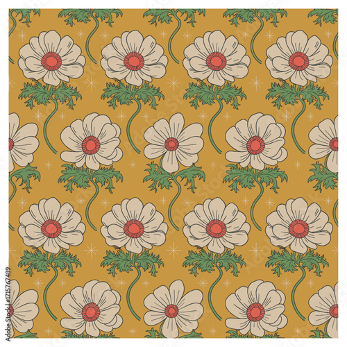 an endlessly repeating seamless vector tile of hand-inked white poppies with coral centers, curling leafy stems, unopened buds and tiny starbursts on a warm mustard ground; layered color flats.