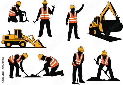 
Heavy construction workers with machinery and safety equipment on a job site, highlighting teamwork, professionalism, and building infrastructure.