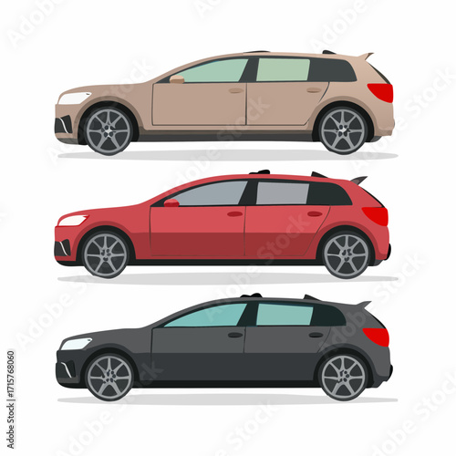 SUV car vector template with simple colors without gradients and effects. View from side, front, back, and top