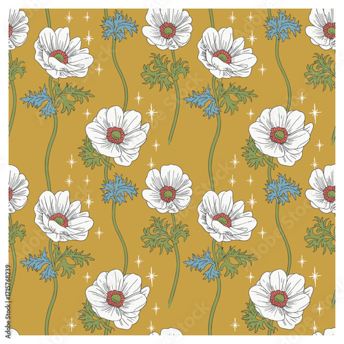 an endlessly repeating seamless vector tile of hand-inked white poppies with coral centers, elegant curling stems, unopened buds and tiny starbursts on a warm mustard ground, rendered in layered.
