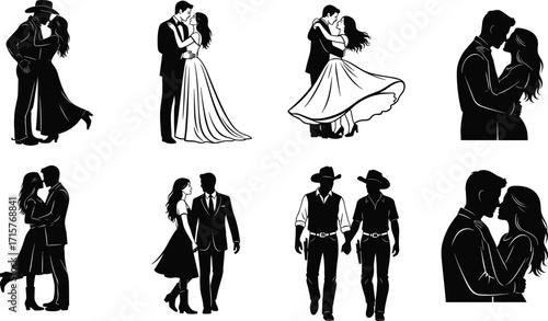 Romantic couple silhouette set, black and white illustration, love poses, cowboy and formal attire, emotional connection graphic pack