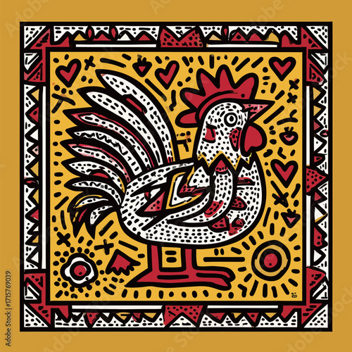 Bright and colorful rooster illustration showcases intricate patterns and bold colors against a yellow background, capturing a lively and festive spirit.