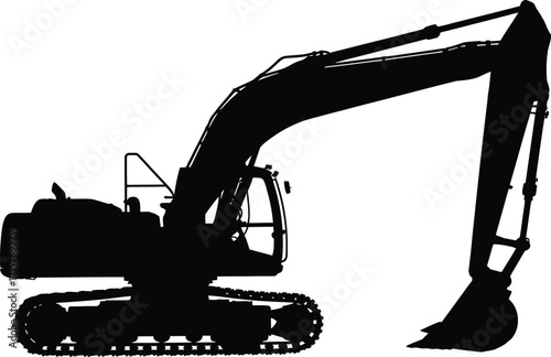 Detailed side profile silhouette of a tracked excavator. Heavy equipment and construction vehicle graphic element isolated on a white background