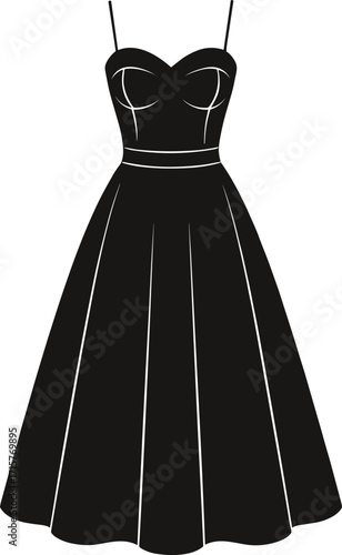 Black sleeveless A-line dress silhouette, spaghetti strap fashion illustration, sweetheart neckline design, formal evening wear graphic icon