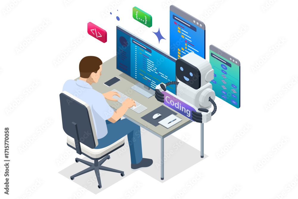 © Golden Sikorka - Isometric man sitting at a desk and a floating AI assistant helping him with programming. He is surrounded by code and digital elements on a laptop. Artificial intelligence in software development.