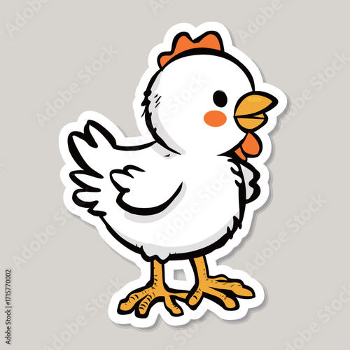 A playful cartoon chicken with a bright yellow beak and orange cheeks stands on a light background. Its wings are slightly raised, showing a happy demeanor.