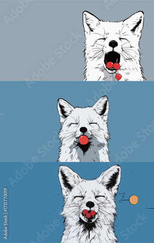 A playful fox is featured in three panels, joyfully interacting with red balls against various blue backgrounds. The artwork captures the foxs delightful expressions.