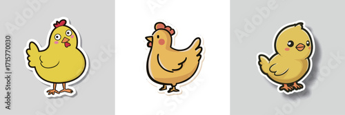 This collection features three cartoon-style chickens and a chick, each in bright yellow hues. They have unique expressions and designs, ideal for playful themes.