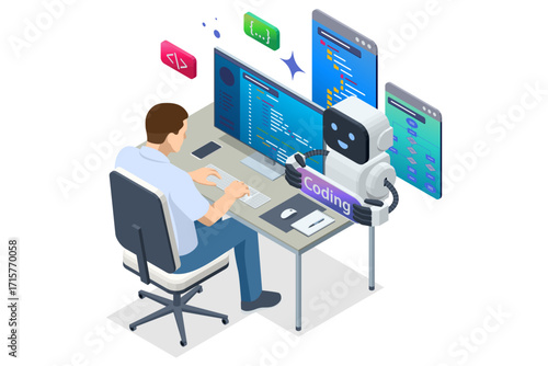 Isometric man sitting at a desk and a floating AI assistant helping him with programming. He is surrounded by code and digital elements on a laptop. Artificial intelligence in software development.