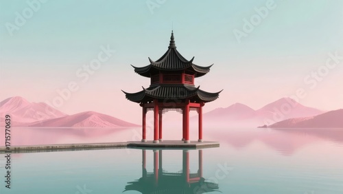 Traditional Chinese pavilion on a calm lake with mountain backdrop at dawn