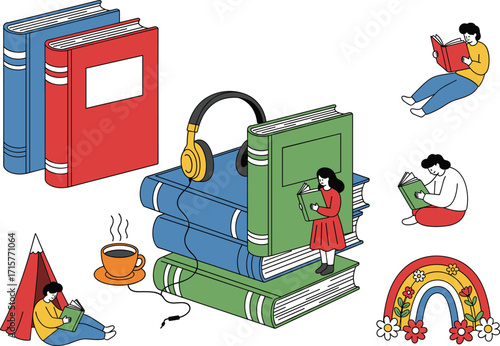 People reading books, educational concept, study time, audiobook, learning, knowledge, leisure activity, school supplies, vector illustration, set