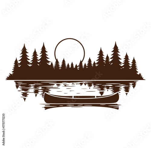 Canoe on calm lake reflected forest silhouette with rising sun or moon minimalist illustration