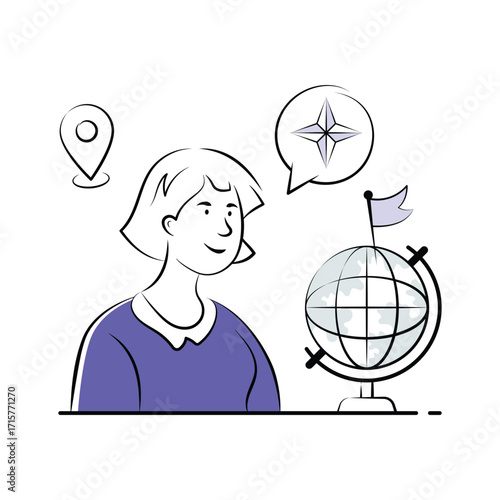 A schoolgirl studying geography with a map and globe, premium vector
