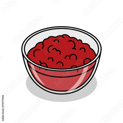 A glass bowl filled with red chunky sauce or relish.