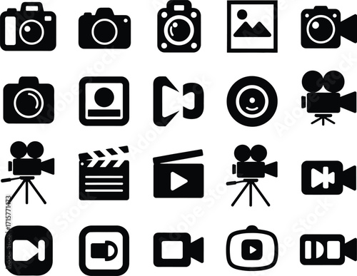 Collection of camera and video recording equipment icons, representing photography and videography technology