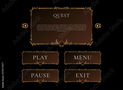 Fantasy RPG Ancient Gold Rustic Game UI Board Panels — Quest Pop-Up Designs with Buttons for Adventure Interface