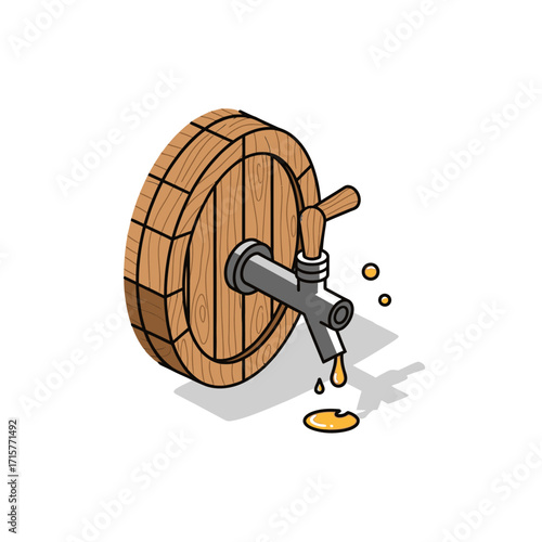 Isometric illustration of a wooden barrel with a metal tap dripping golden liquid onto the ground.