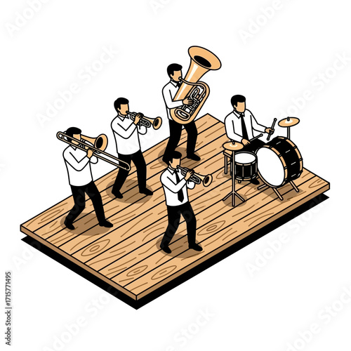 Isometric illustration of a jazz band performing on a wooden platform.