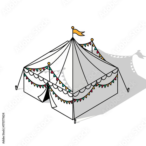 An isometric illustration of a white event tent decorated with colorful bunting garlands and a yellow flag on top.