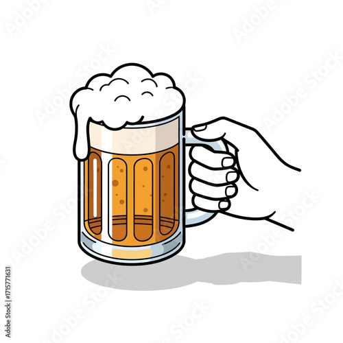 A hand holding a frothy mug of beer, with foam spilling over the top.