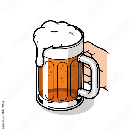 Isometric cartoon illustration of a hand holding a frothy mug of beer with a thick head of foam, isolated on a white background.