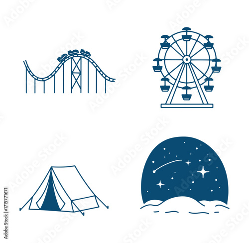 Collection of blue icon illustrations depicting roller coaster ferris wheel camping and night sky