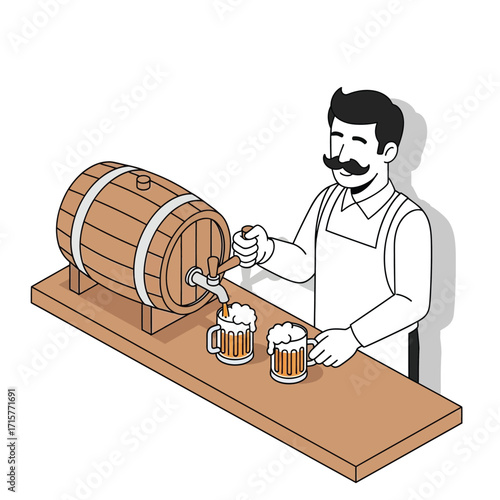 Isometric illustration of a bartender pouring beer from a wooden barrel into two glasses on a bar counter.