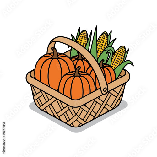 A woven basket overflowing with ripe pumpkins and fresh corn on the cob, symbolizing autumn harvest.