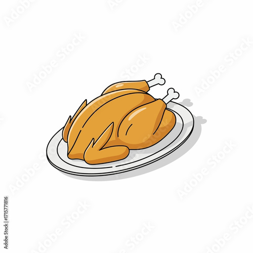 A roasted chicken on a white plate, ready to be served for a meal.
