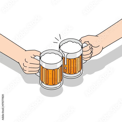 Two hands holding beer mugs, ready to clink, in an isometric view.