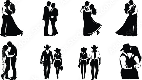 Romantic couple silhouette set, black and white illustration, love poses, dancing and embracing figures, western attire graphic pack