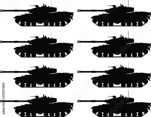 A collection of modern main battle tank silhouettes, an iconic army combat vehicle graphic set for military design projects and stencils